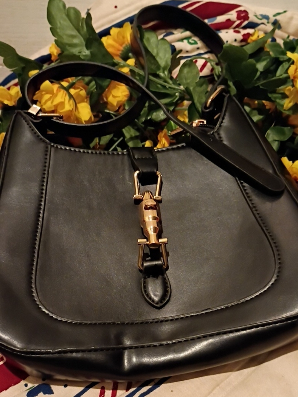 Women's Black Shoulder Bag with Gold-Tone Buckle